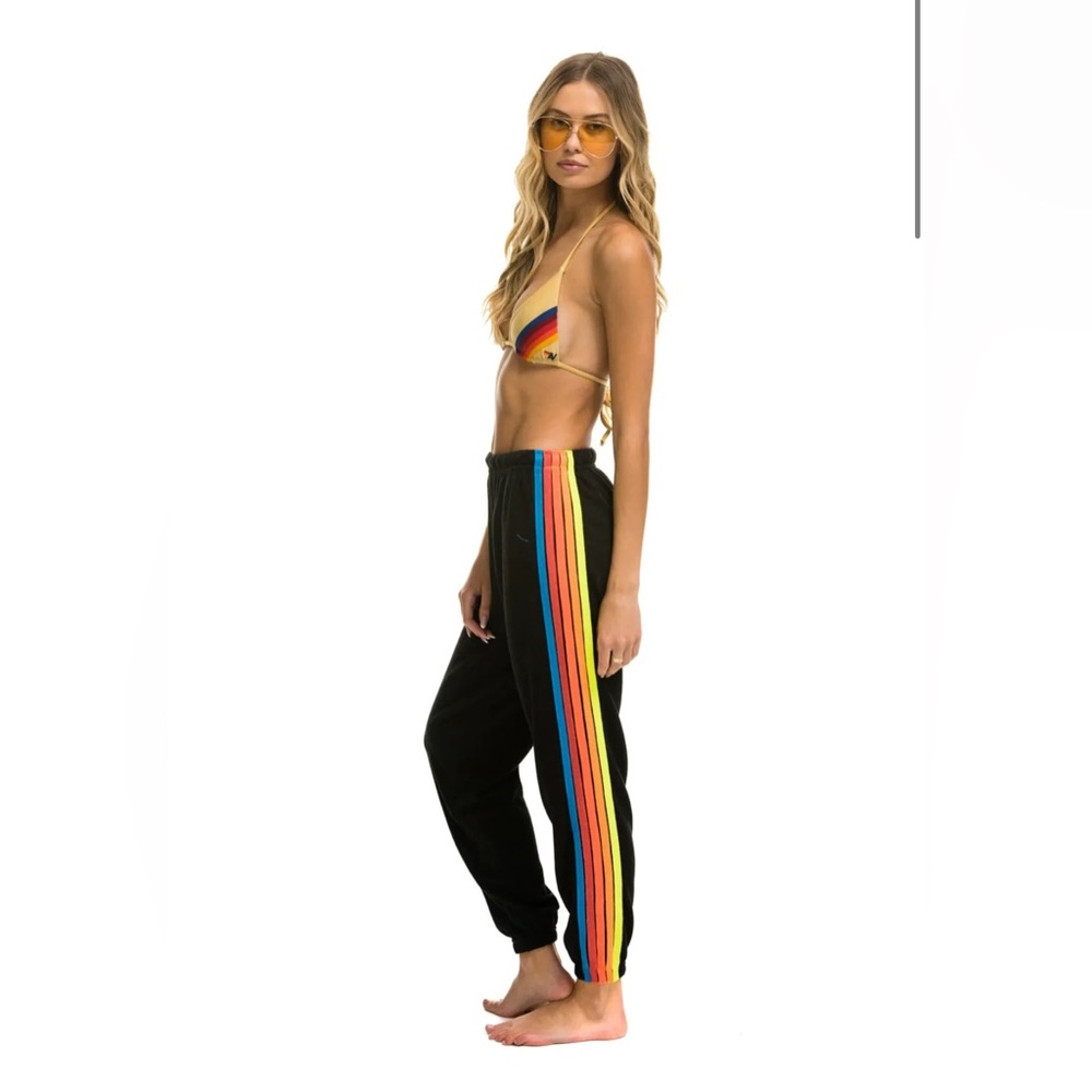 Aviator Nation 5 STRIPE SWEATPANTS - BLACK // NEON RAINBOW STRIPES Medium NEW